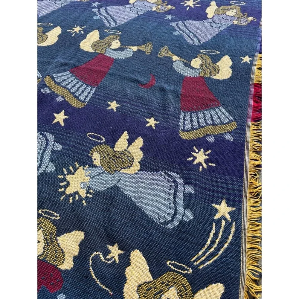 Vintage Crown Crafts Angel Tapestry Blanket - 90s Whimsigoth Cottagecore Fringe